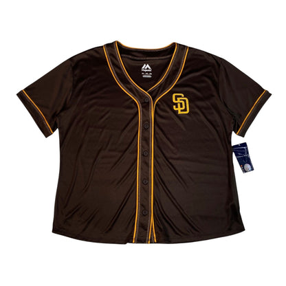 Digg It Thrift & Vintage brown San Diego Padres baseball jersey with gold trim and button-up front, size 2XL