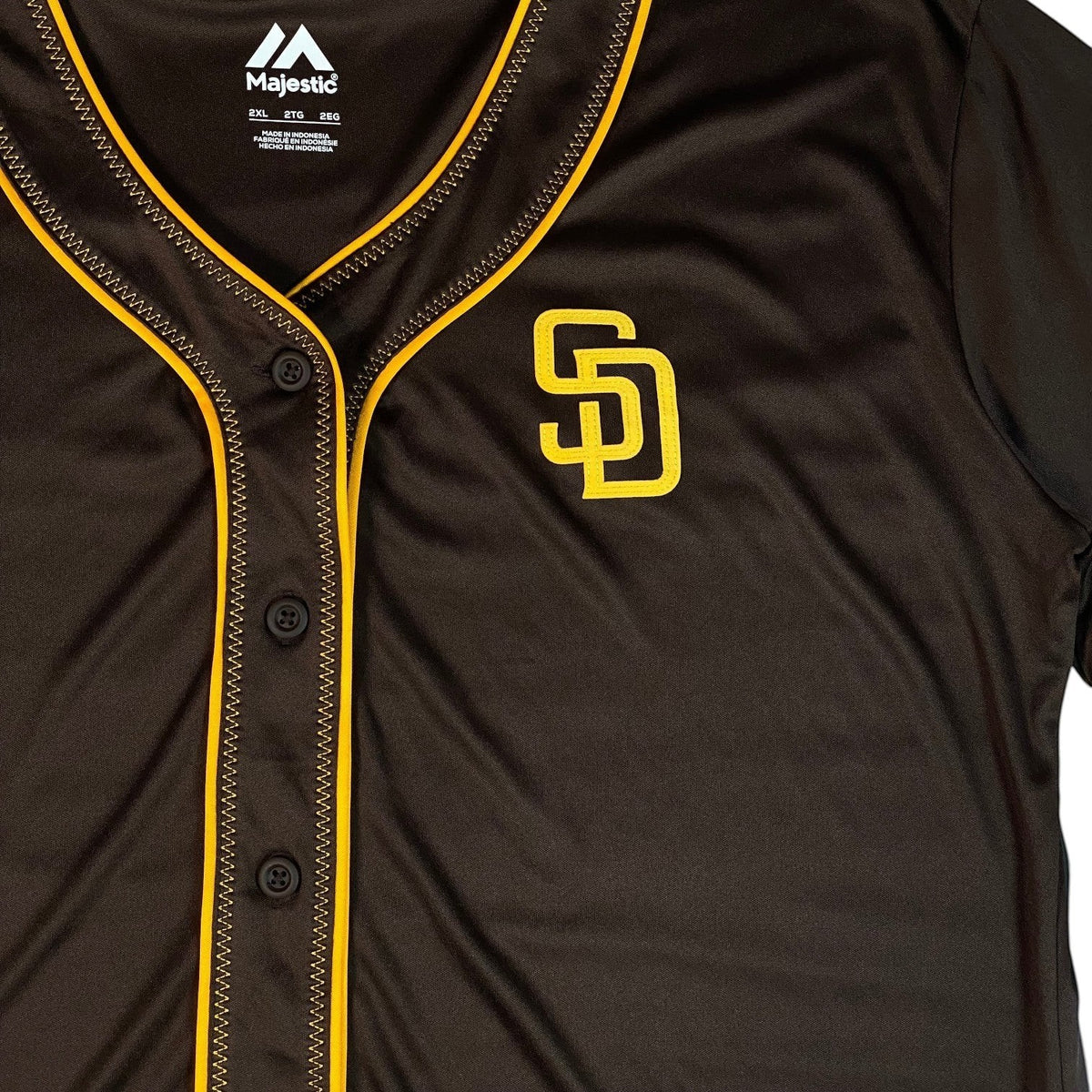 Digg It Thrift & Vintage San Diego Padres baseball jersey in brown with gold trim and SD logo embroidery