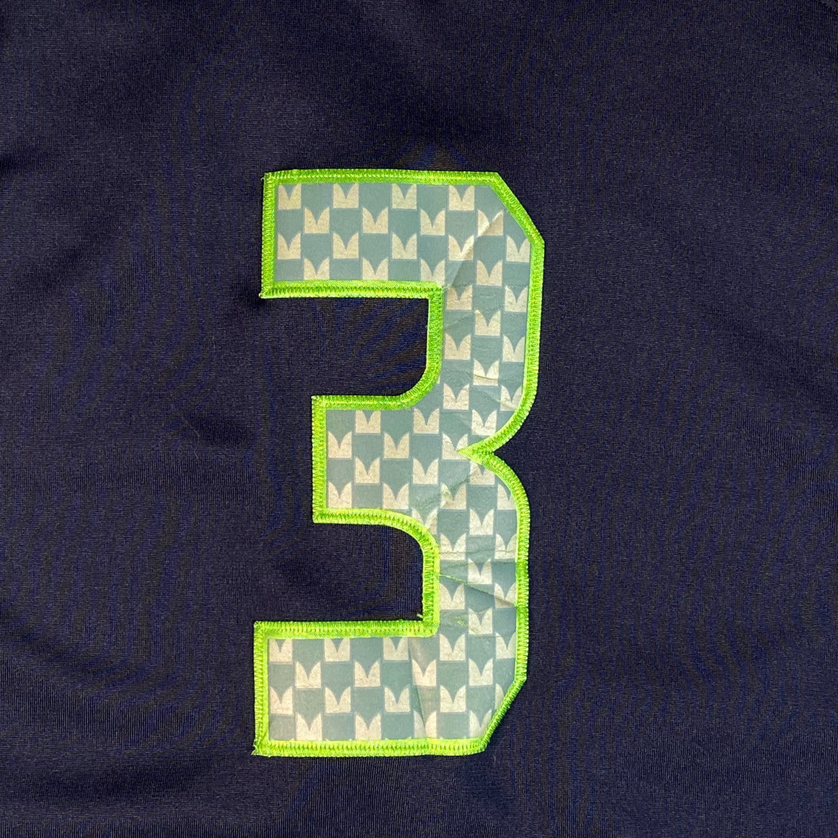 Digg It Thrift & Vintage Seattle Seahawks Russell Wilson jersey number 3 patch in navy blue and neon green
