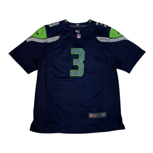 Digg It Thrift & Vintage Seattle Seahawks Russell Wilson NFL jersey in navy blue with green accents and number 3