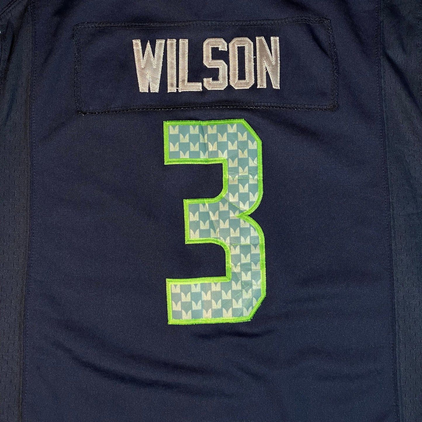 Digg It Thrift & Vintage Seattle Seahawks Russell Wilson jersey with navy fabric and neon green number 3 detail