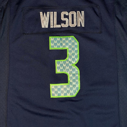 Digg It Thrift & Vintage Seattle Seahawks Russell Wilson jersey with navy fabric and neon green number 3 detail