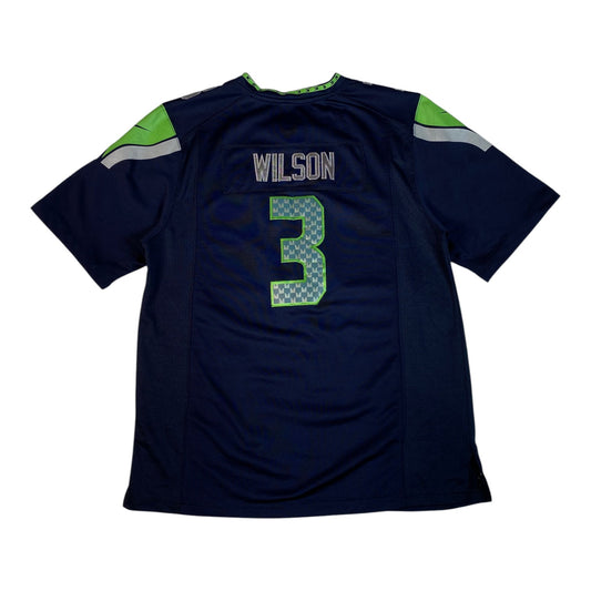 Digg It Thrift & Vintage Nike Seattle Seahawks Russell Wilson NFL jersey in navy blue with neon green accents