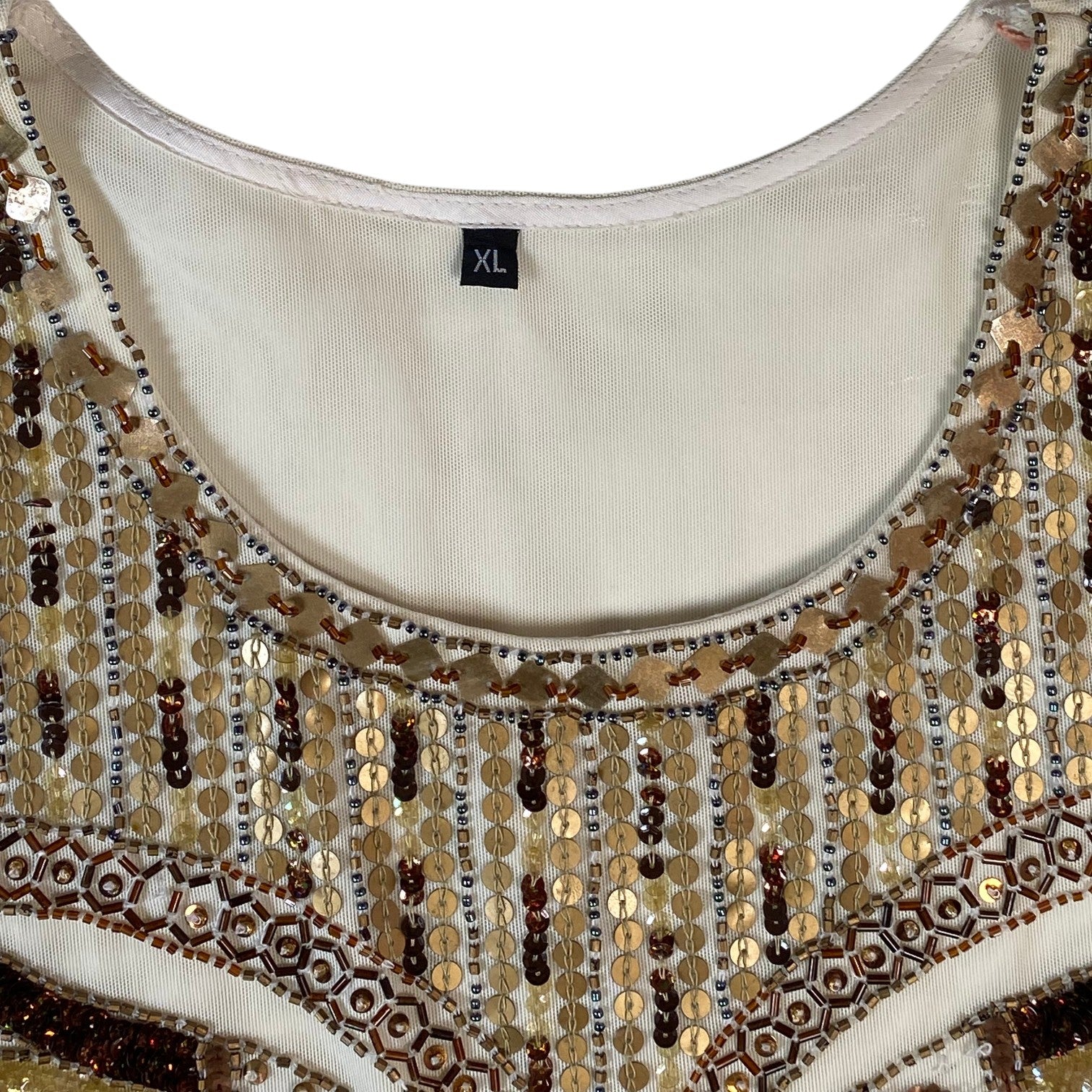 Digg It Thrift & Vintage cream mesh tank top featuring intricate gold sequins and brown beadwork detail