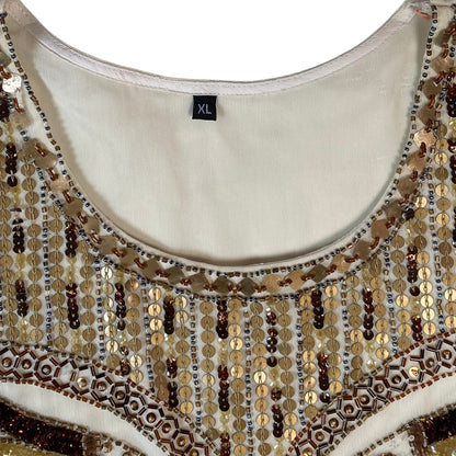 Digg It Thrift & Vintage cream mesh tank top featuring intricate gold sequins and brown beadwork detail