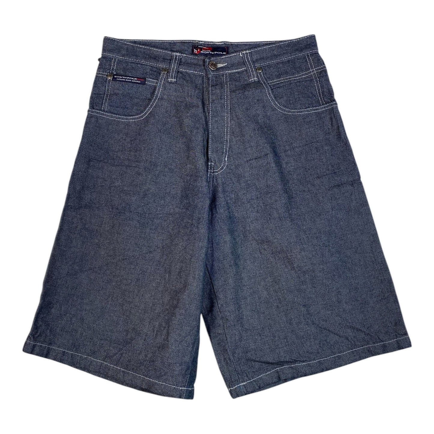 Digg It Thrift & Vintage Southpole baggy denim jorts in dark blue with white contrast stitching and 3D pocket detail.