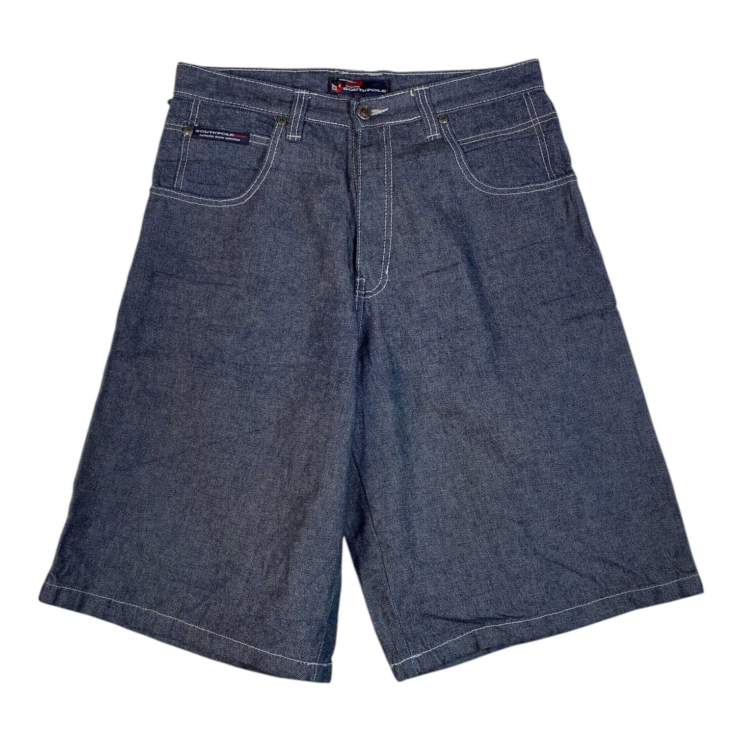 Digg It Thrift & Vintage Southpole baggy denim jorts in dark blue with white contrast stitching and 3D pocket detail.