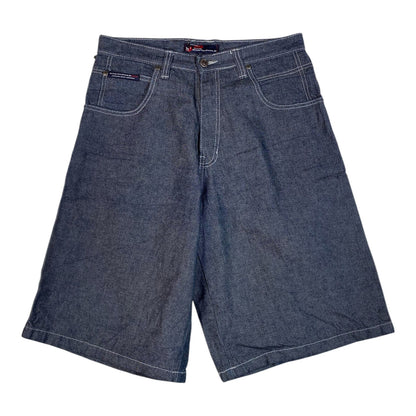 Digg It Thrift & Vintage Southpole baggy denim jorts in dark blue with white contrast stitching and 3D pocket detail.