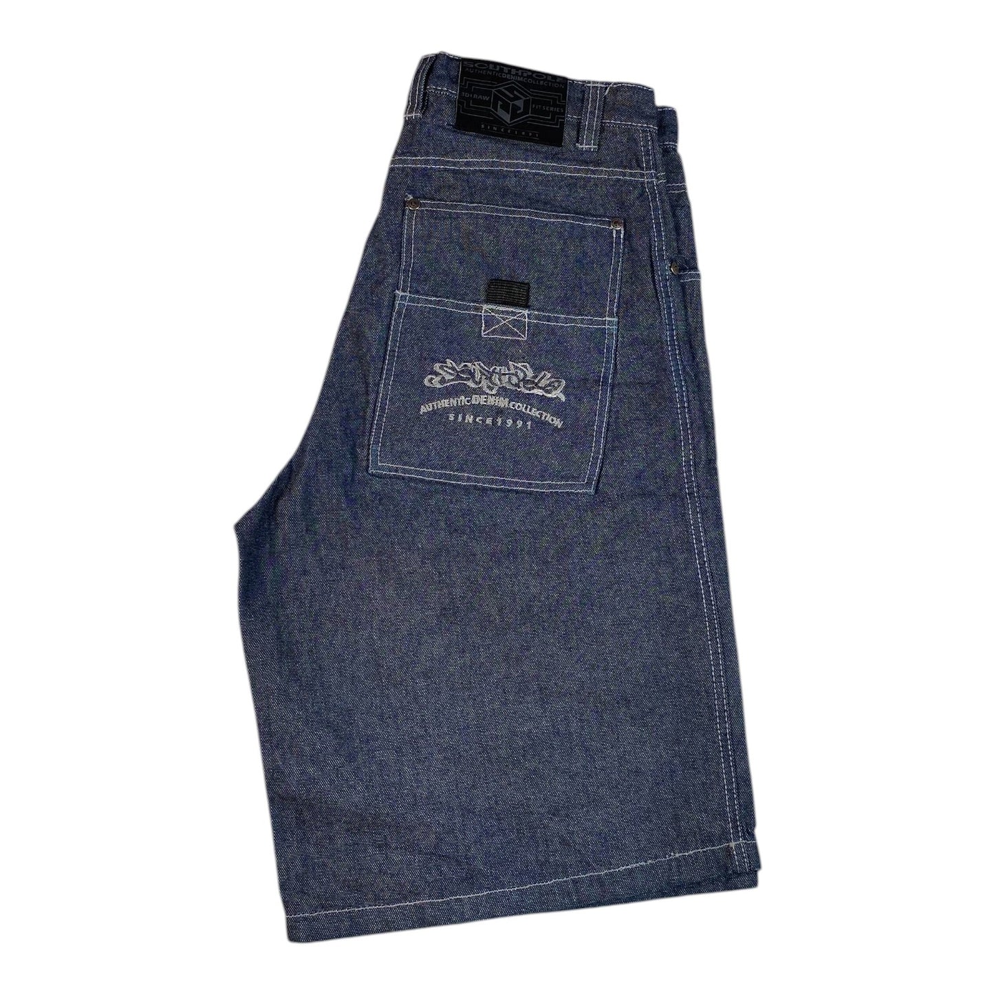 Digg It Thrift & Vintage Southpole baggy denim jorts in dark blue with white contrast stitching and back pocket logo