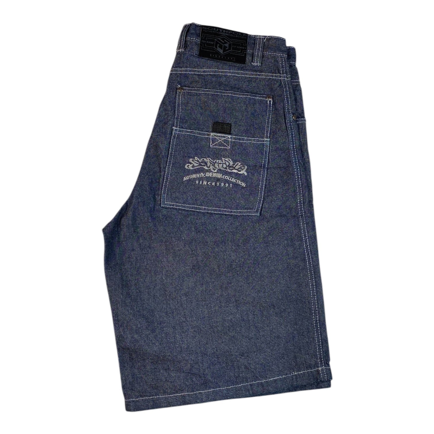 Digg It Thrift & Vintage Southpole baggy denim jorts in dark blue with white contrast stitching and back pocket logo