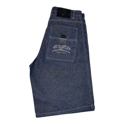 Digg It Thrift & Vintage Southpole baggy denim jorts in dark blue with white contrast stitching and back pocket logo
