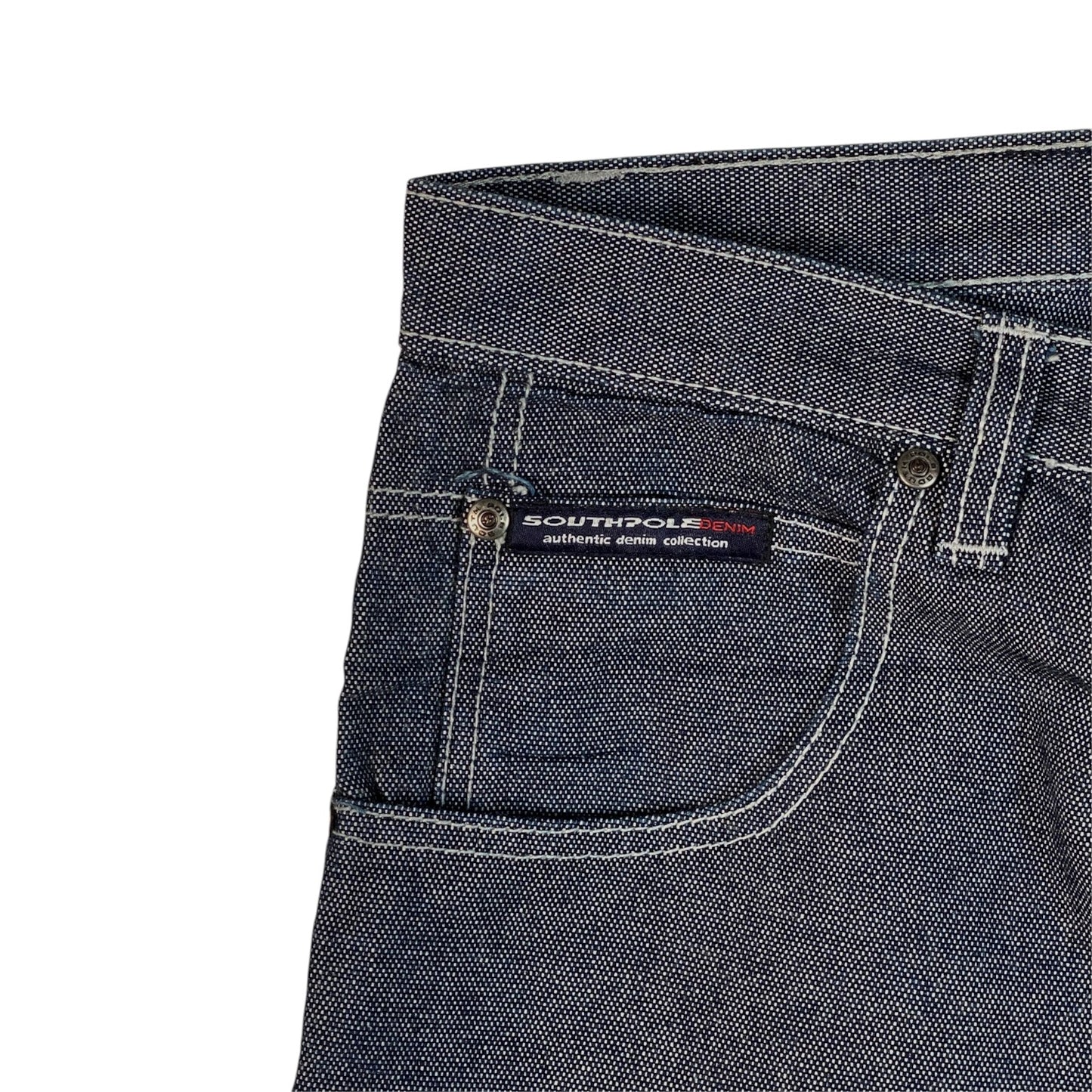 Digg It Thrift & Vintage Southpole dark blue denim jorts featuring white contrast stitching and a branded logo patch.
