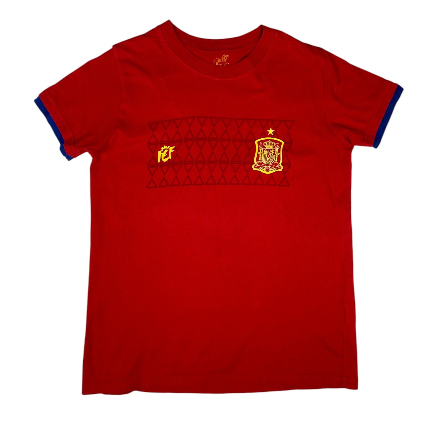 Digg It Thrift & Vintage Spain RFEF official red soccer t-shirt with yellow crest and navy blue sleeve trim