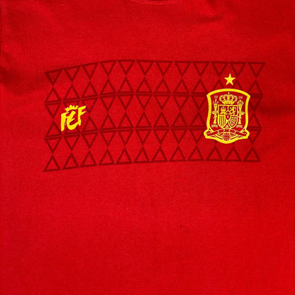 Digg It Thrift & Vintage Spain RFEF official red soccer t-shirt with yellow crest and geometric pattern, size Small