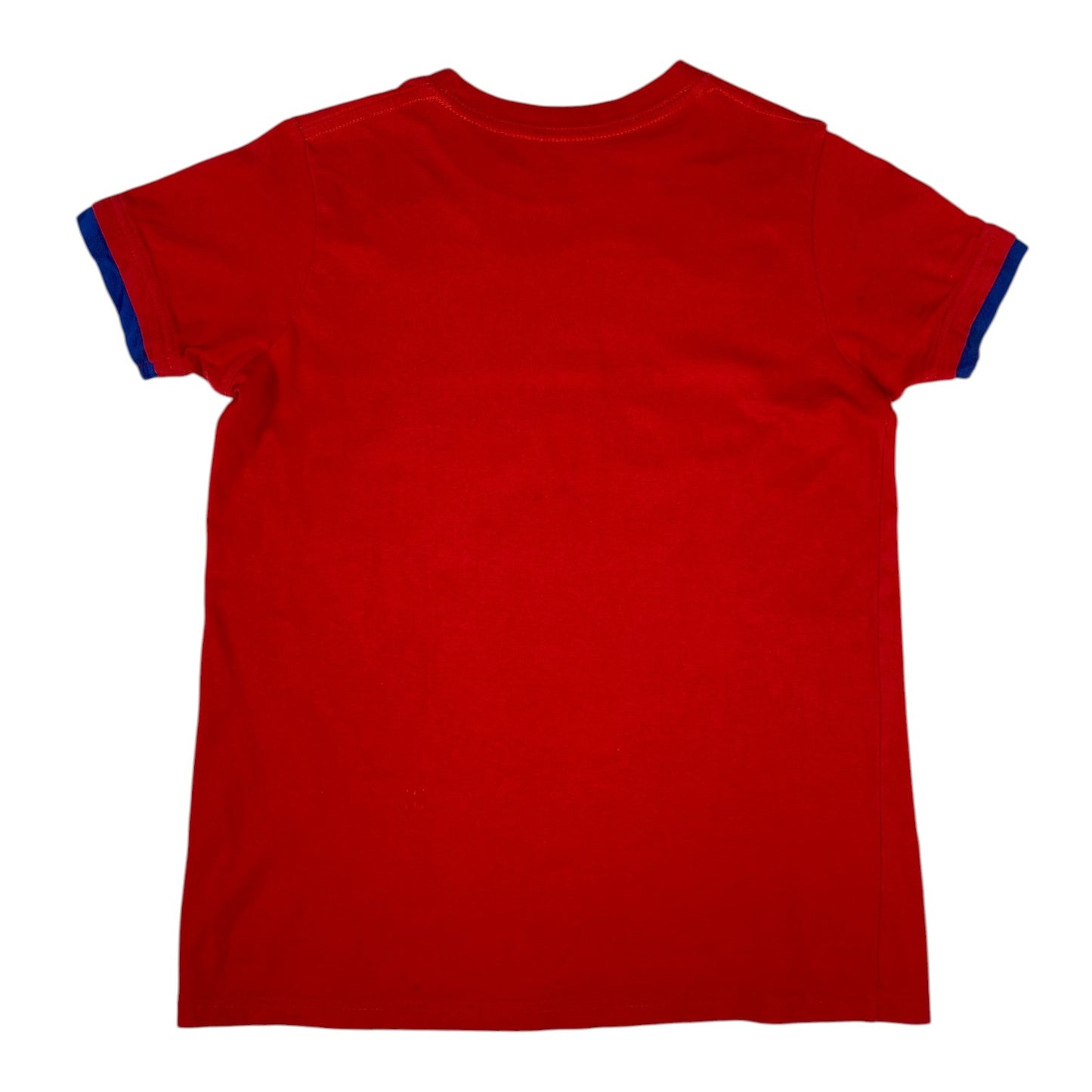 Back view of a red Spain RFEF official licensed t-shirt with blue sleeve trim from Digg It Thrift & Vintage