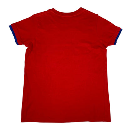 Back view of a red Spain RFEF official licensed t-shirt with blue sleeve trim from Digg It Thrift & Vintage