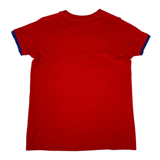 Back view of a red Spain RFEF official licensed t-shirt with blue sleeve trim from Digg It Thrift & Vintage