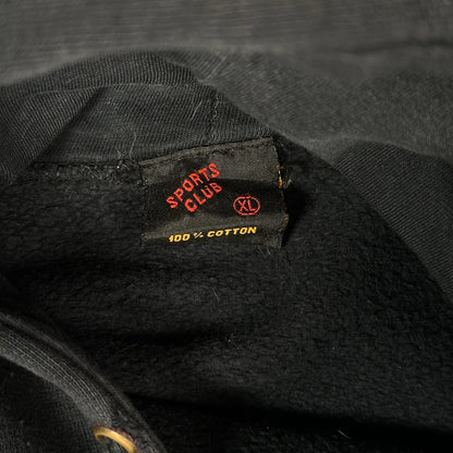 Digg It Thrift & Vintage black cotton hoodie tag with Sports Club branding and XL size label