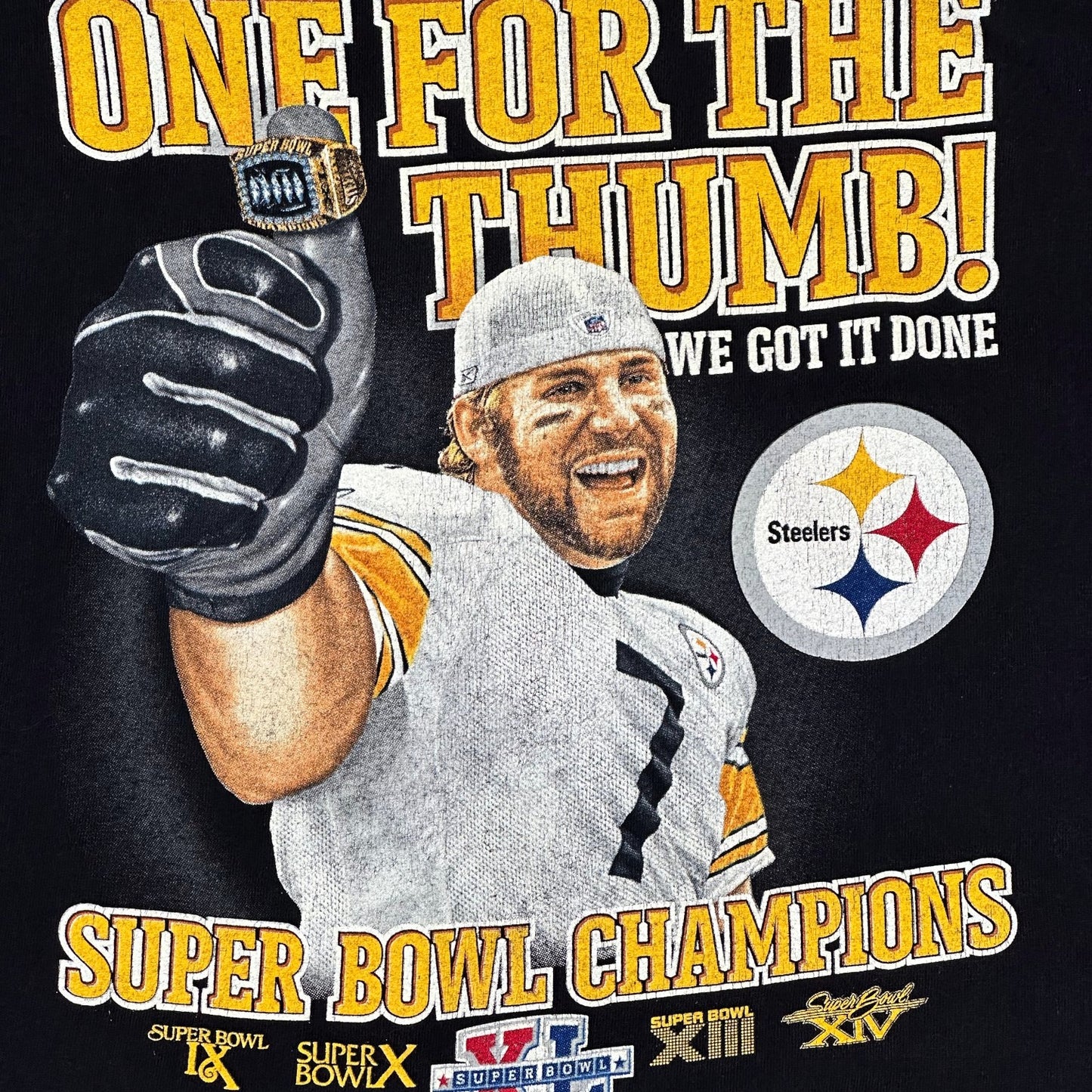 Digg It Thrift & Vintage black Pittsburgh Steelers Super Bowl XL champions graphic t-shirt with Ben Roethlisberger