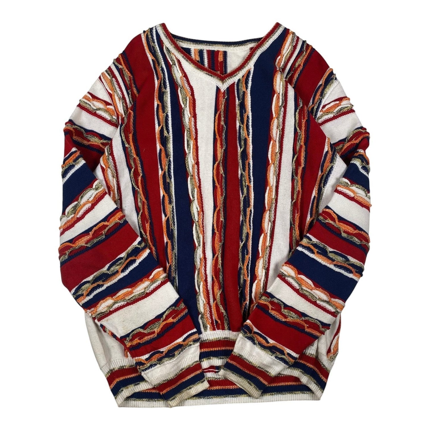 Digg It Thrift & Vintage textured knit V-neck sweater featuring vertical stripes in red, white, and navy blue.