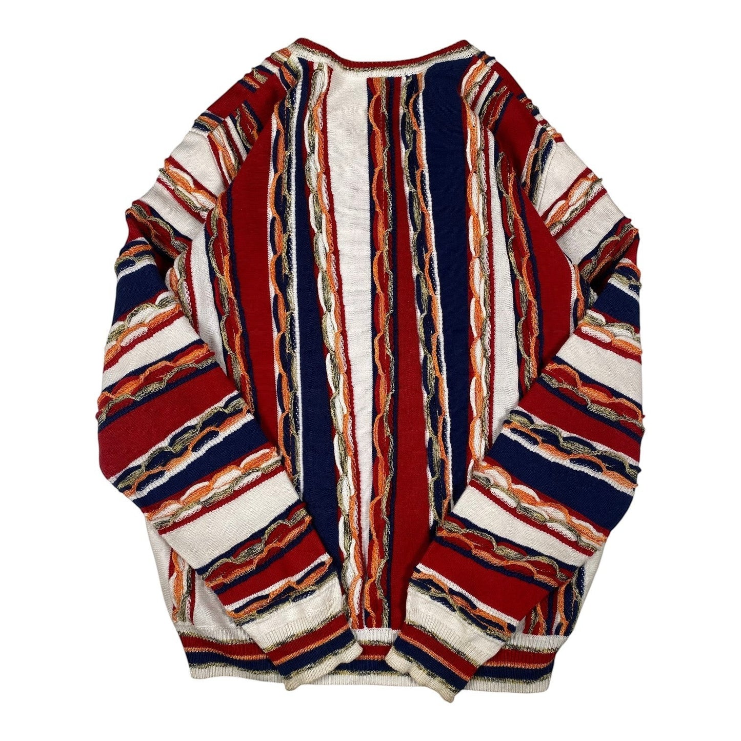 Digg It Thrift & Vintage multi-colored vertical striped textured knit V-neck sweater with a classic grandpa-core style.