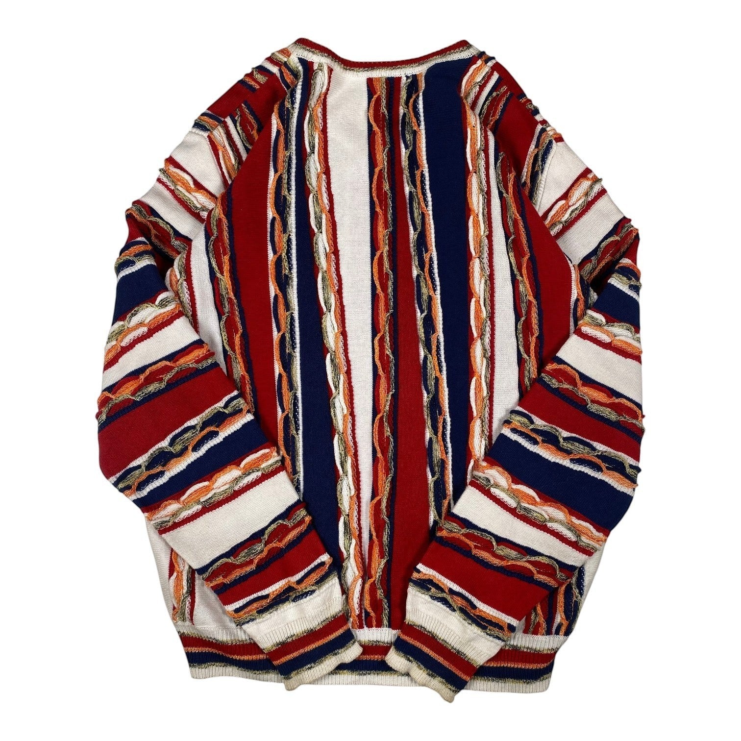 Digg It Thrift & Vintage multi-colored vertical striped textured knit V-neck sweater with a classic grandpa-core style.