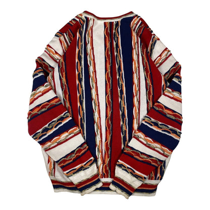 Digg It Thrift & Vintage multi-colored vertical striped textured knit V-neck sweater with a classic grandpa-core style.