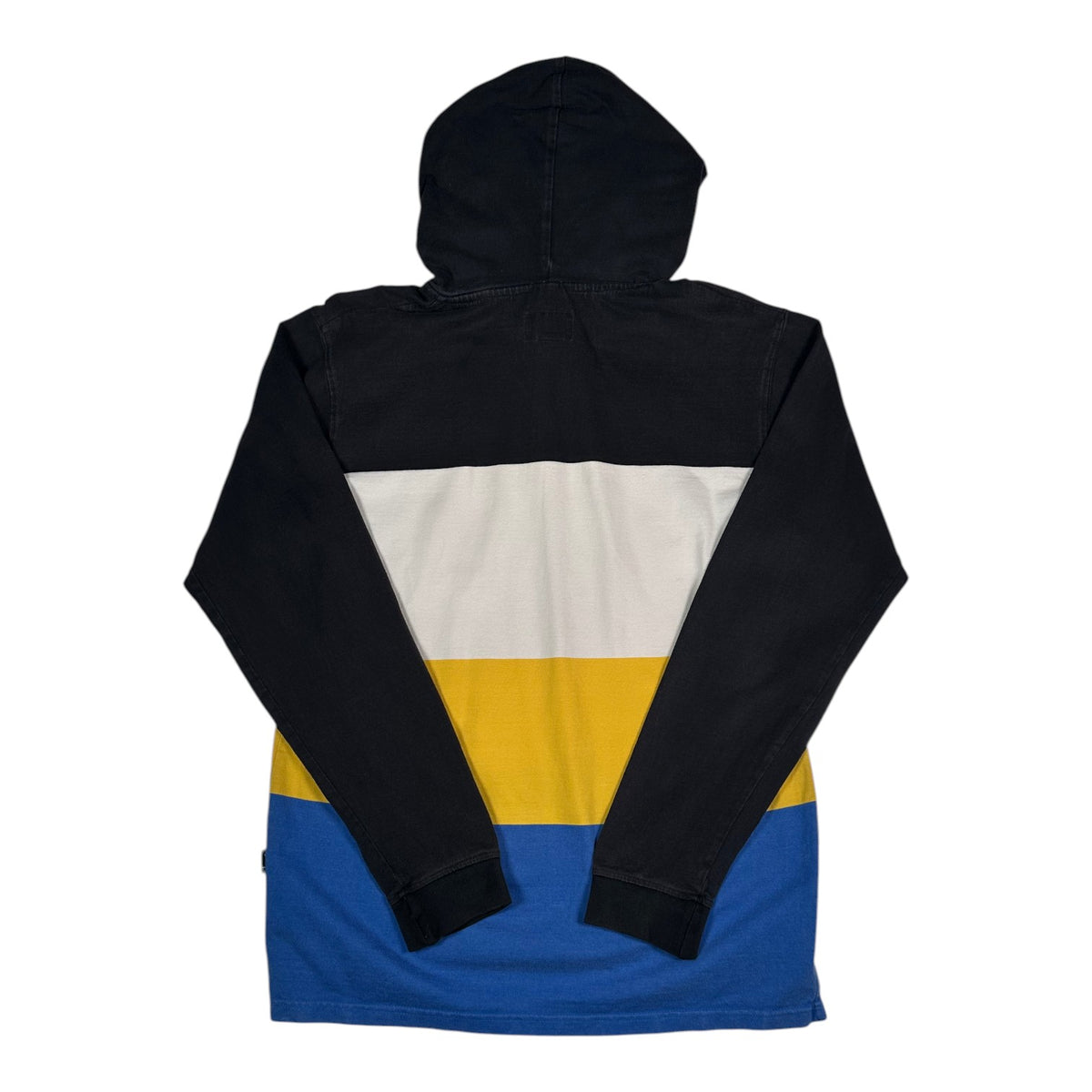 Back view of a Digg It Thrift & Vintage Stüssy colorblock hooded rugby sweatshirt with black, white, yellow, and blue.