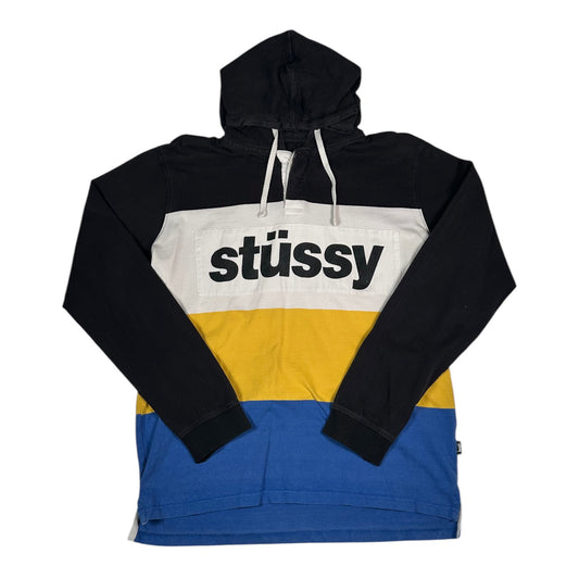 Digg It Thrift & Vintage Stüssy colorblock hooded rugby sweatshirt in black, white, yellow, and blue with logo print