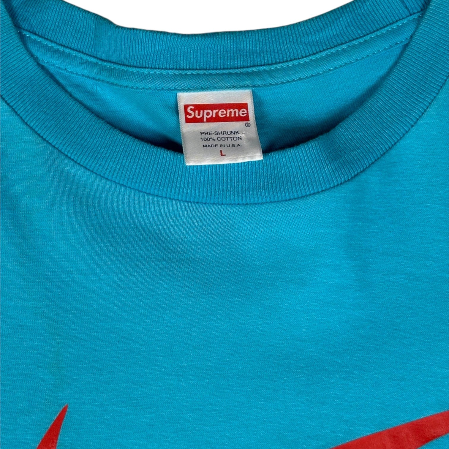 Digg It Thrift & Vintage teal blue Supreme x Nike cotton long sleeve t-shirt with neck label detail