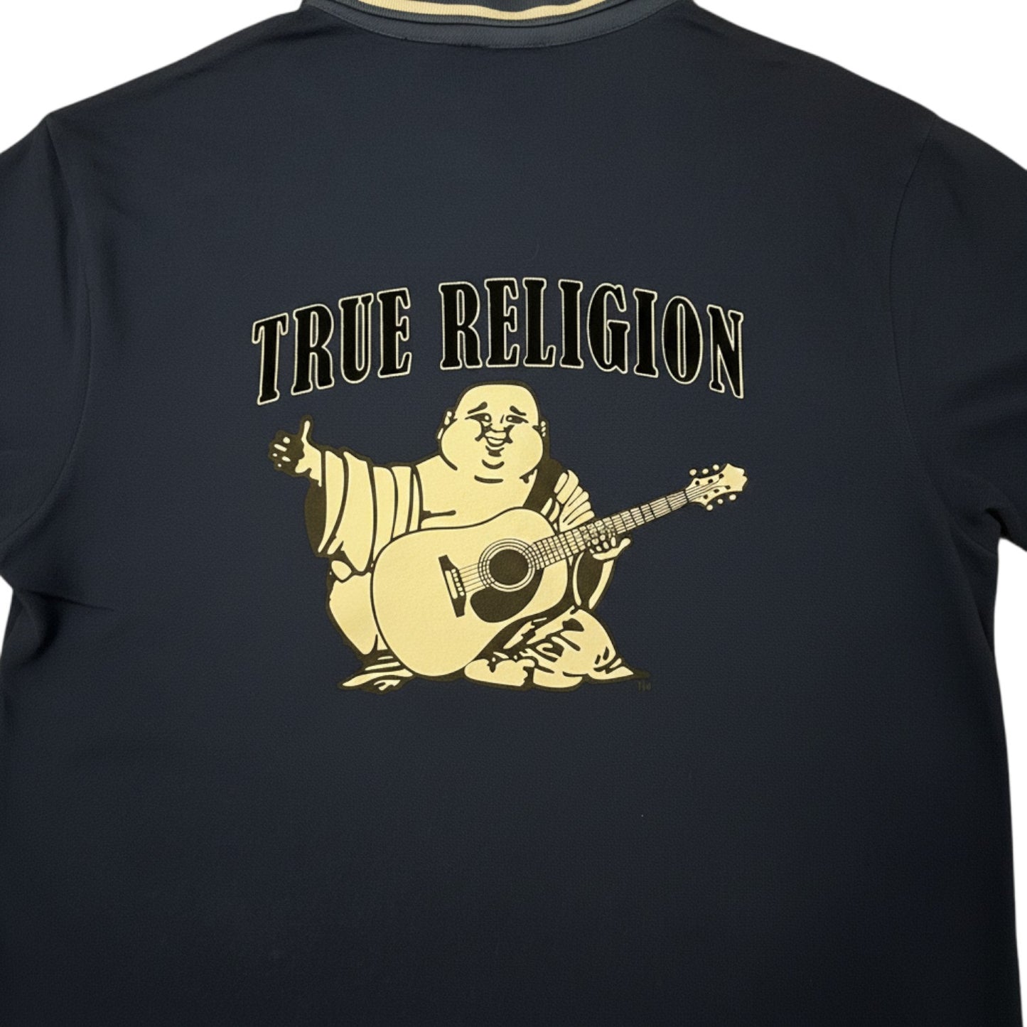 Digg It Thrift & Vintage navy blue cotton polo shirt with True Religion Buddha graphic and logo. Size XL.
