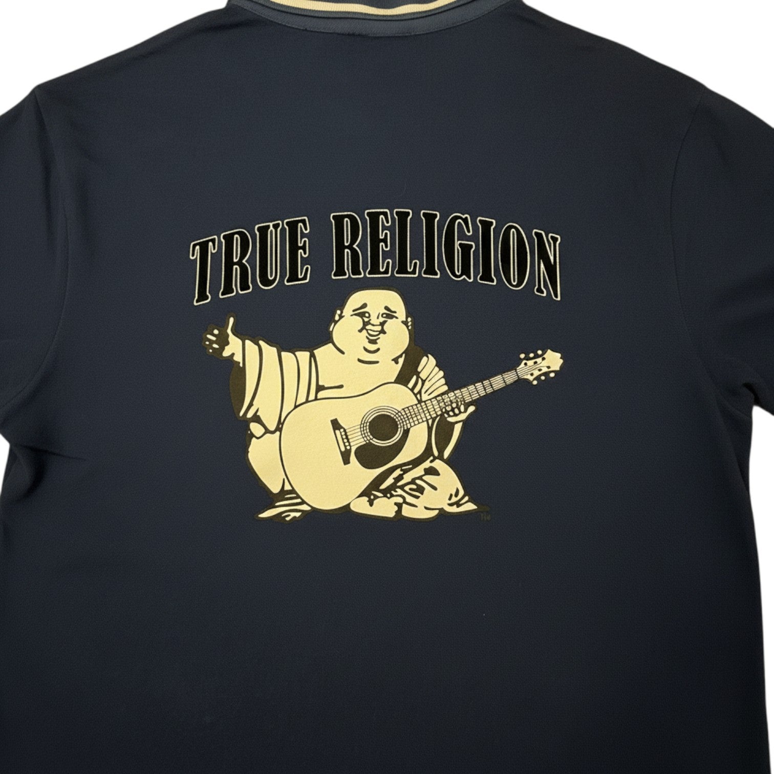 Digg It Thrift & Vintage navy blue cotton polo shirt with True Religion Buddha graphic and logo. Size XL.