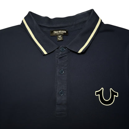 Digg It Thrift & Vintage navy blue True Religion polo shirt with white collar trim and horseshoe logo. Size XL (fits Large).