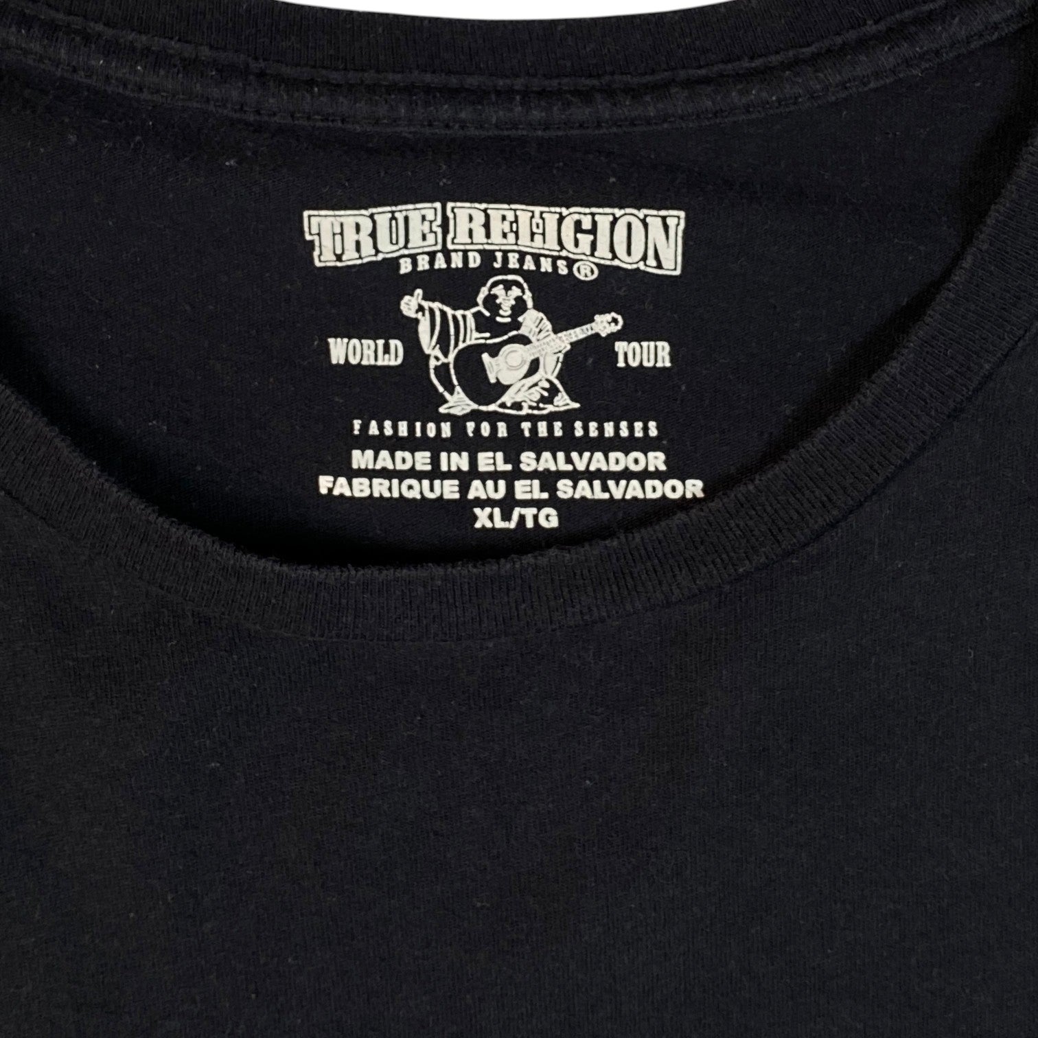 Digg It Thrift & Vintage black True Religion World Tour Buddha t-shirt neck label showing size XL
