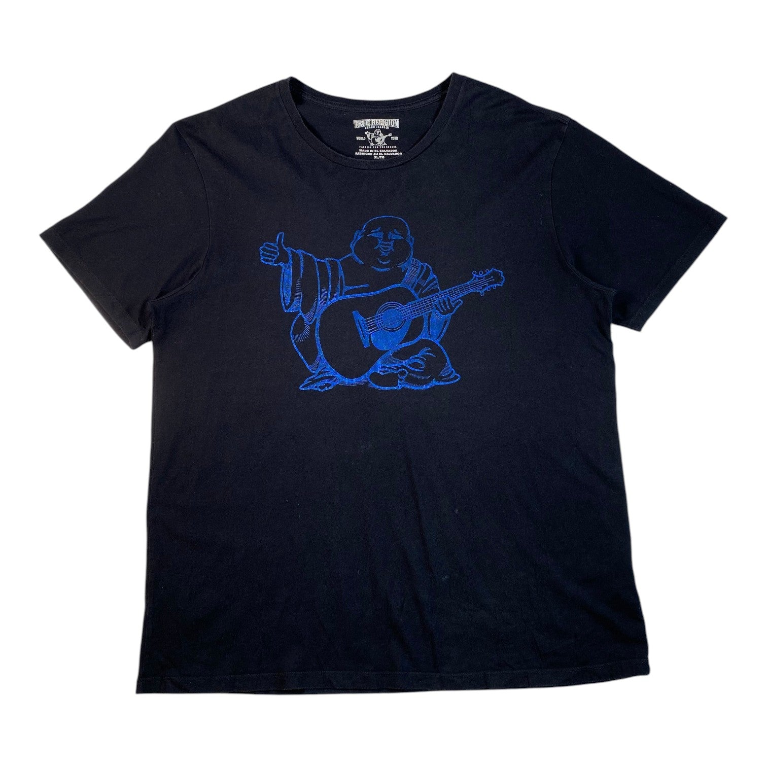 Digg It Thrift & Vintage black True Religion World Tour Buddha t-shirt with blue graphic print, size XL fits like L