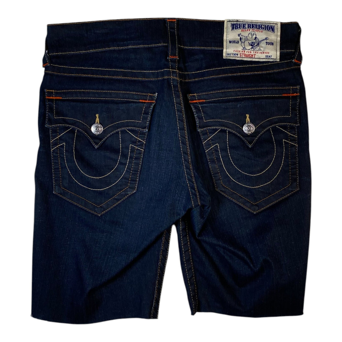 Digg It Thrift & Vintage True Religion dark wash denim jorts with signature back pockets and raw hem