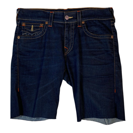 Digg It Thrift & Vintage True Religion dark wash denim jorts with raw hem and contrast stitching