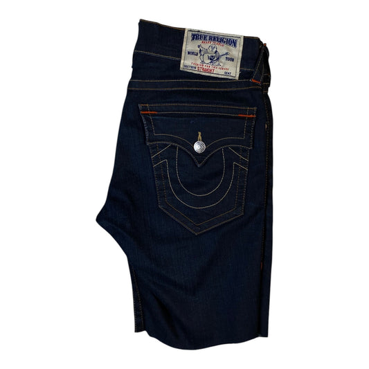 Digg It Thrift & Vintage True Religion dark wash denim jorts with raw hem and signature back pocket stitching