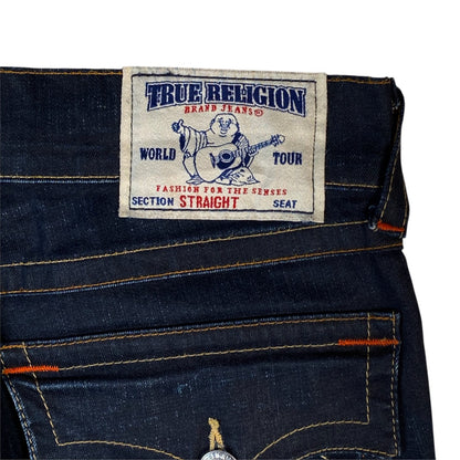 Digg It Thrift & Vintage True Religion dark wash denim jorts with iconic back patch and contrast stitching