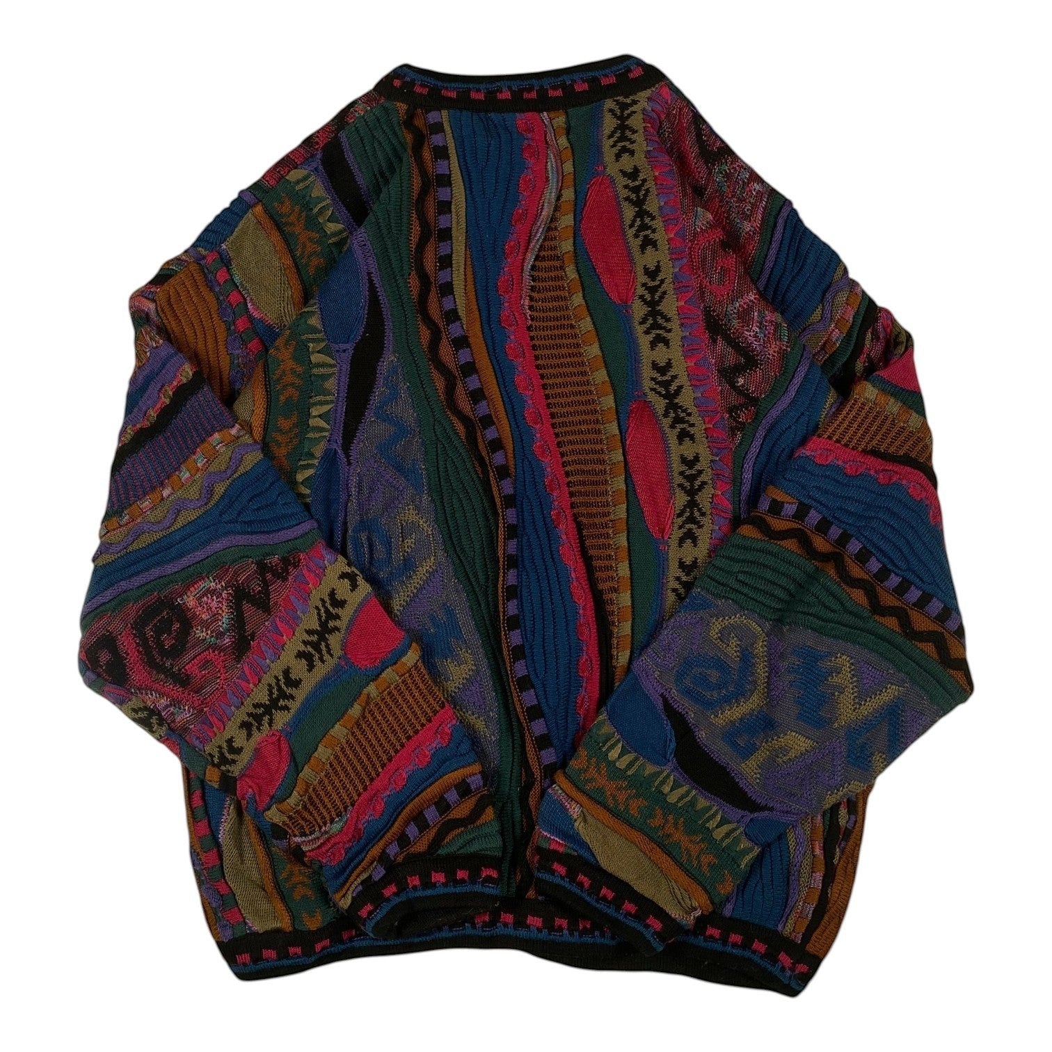 Digg It Thrift & Vintage Tundra Canada textured knit sweater featuring a vibrant abstract multi-pattern design.