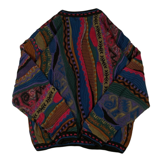 Digg It Thrift & Vintage Tundra Canada textured knit sweater featuring a vibrant abstract multi-pattern design.