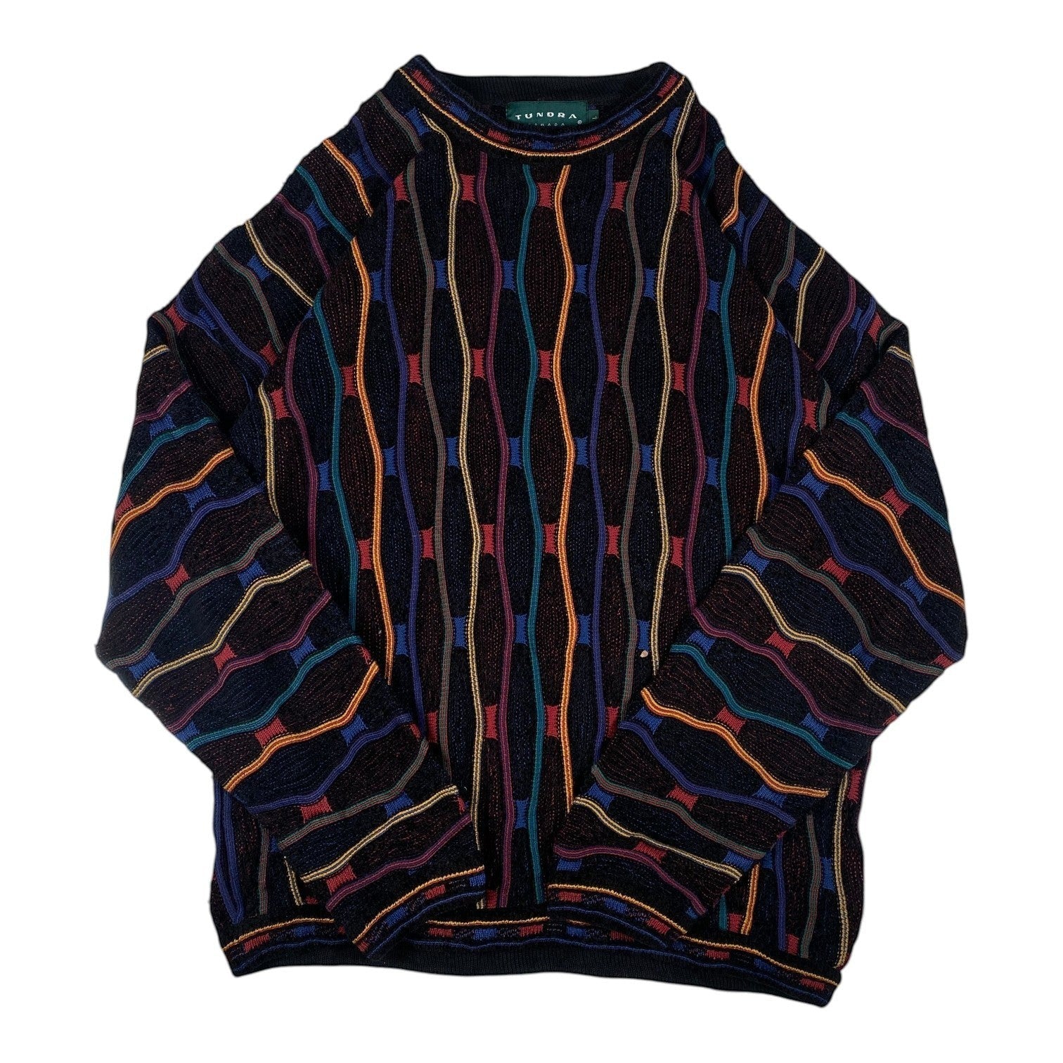 Digg It Thrift & Vintage Tundra Canada crewneck sweater featuring a black vertical cable knit with colorful patterns.