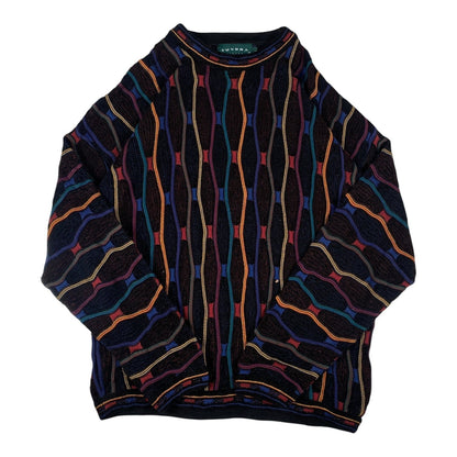 Digg It Thrift & Vintage Tundra Canada crewneck sweater featuring a black vertical cable knit with colorful patterns.