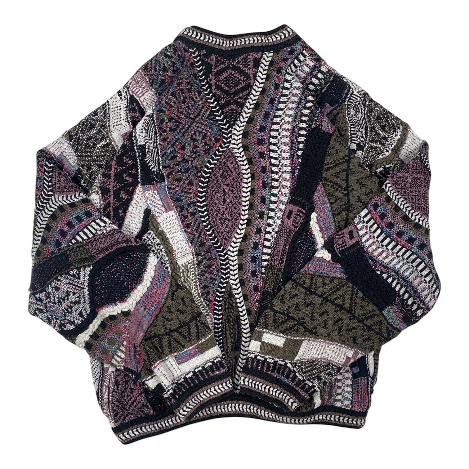 Digg It Thrift & Vintage Tundra Canada geometric multi-pattern textured knit crewneck sweater in earth tones