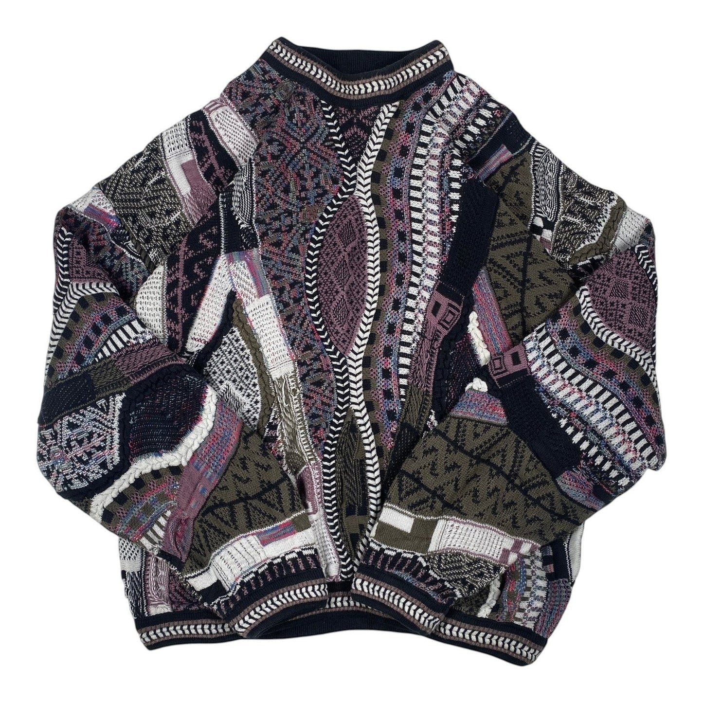 Digg It Thrift & Vintage Tundra Canada geometric multi-pattern textured knit crewneck sweater in dark earth tones.