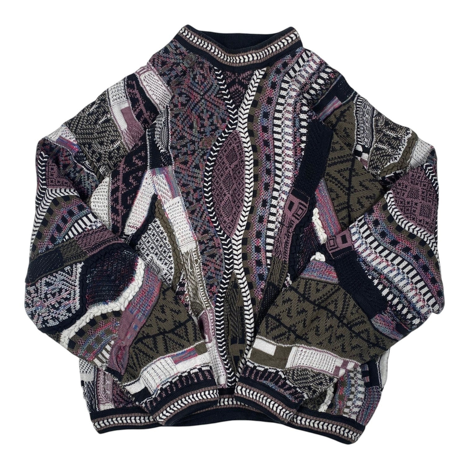 Digg It Thrift & Vintage Tundra Canada geometric multi-pattern textured knit crewneck sweater in dark earth tones.