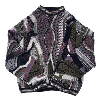 Digg It Thrift & Vintage Tundra Canada geometric multi-pattern textured knit crewneck sweater in dark earth tones.