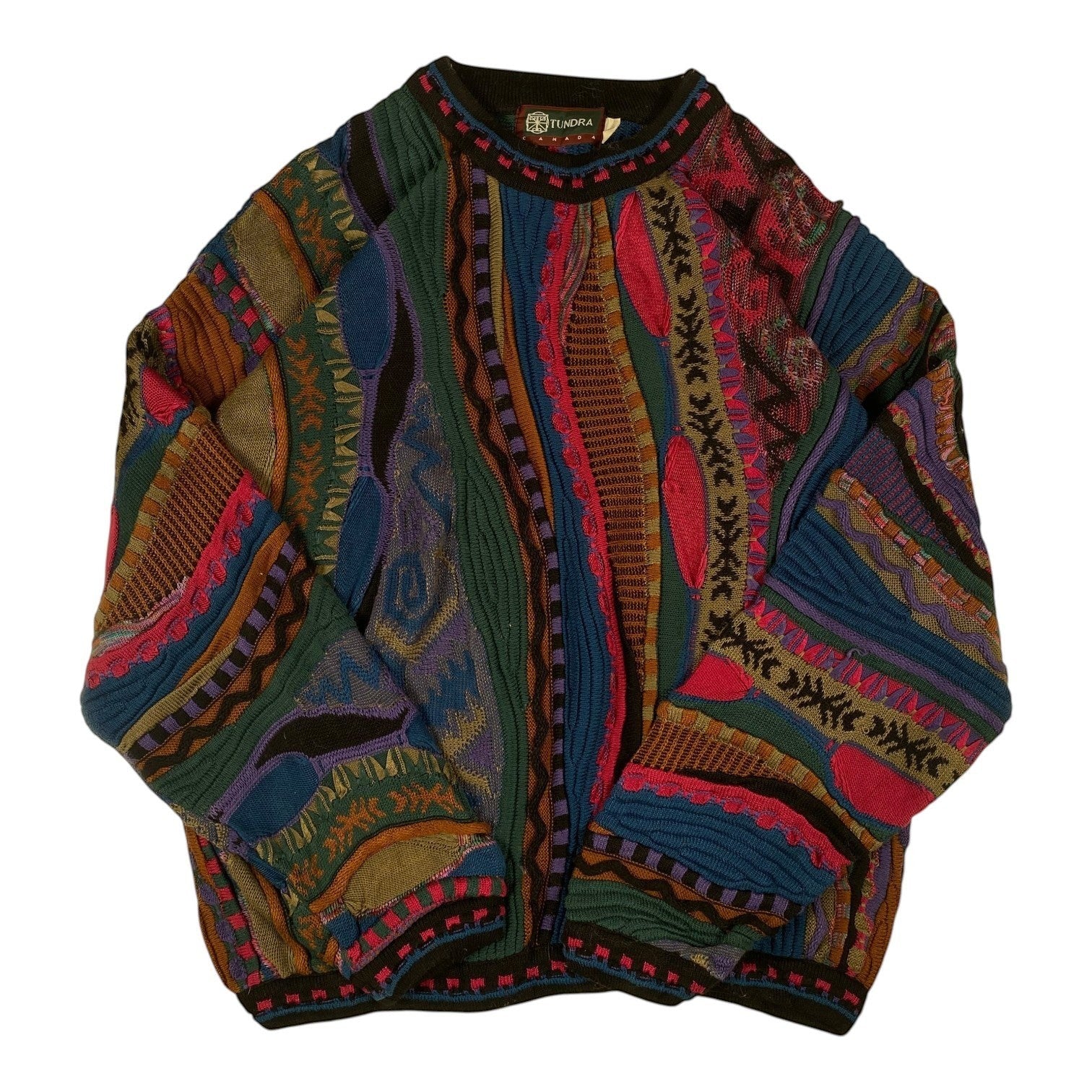 Digg It Thrift & Vintage Tundra Canada multi-pattern textured knit crewneck sweater in vibrant abstract colours