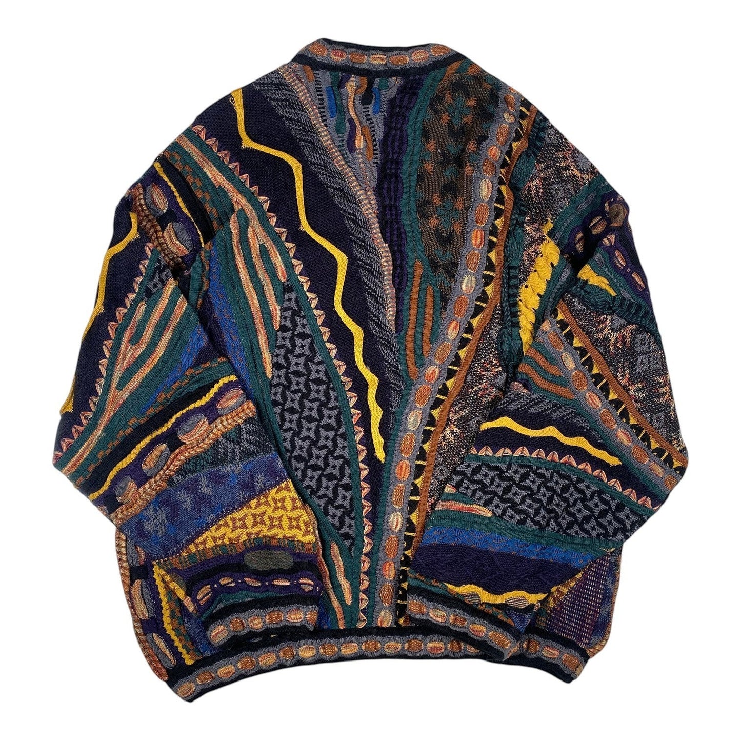Back view of a Digg It Thrift & Vintage Tundra Canada multi-pattern knit crewneck sweater with a bold, textured design.
