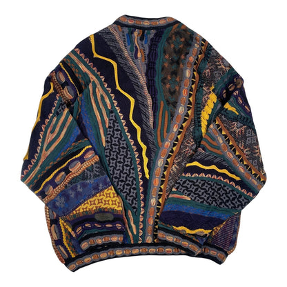 Back view of a Digg It Thrift & Vintage Tundra Canada multi-pattern knit crewneck sweater with a bold, textured design.